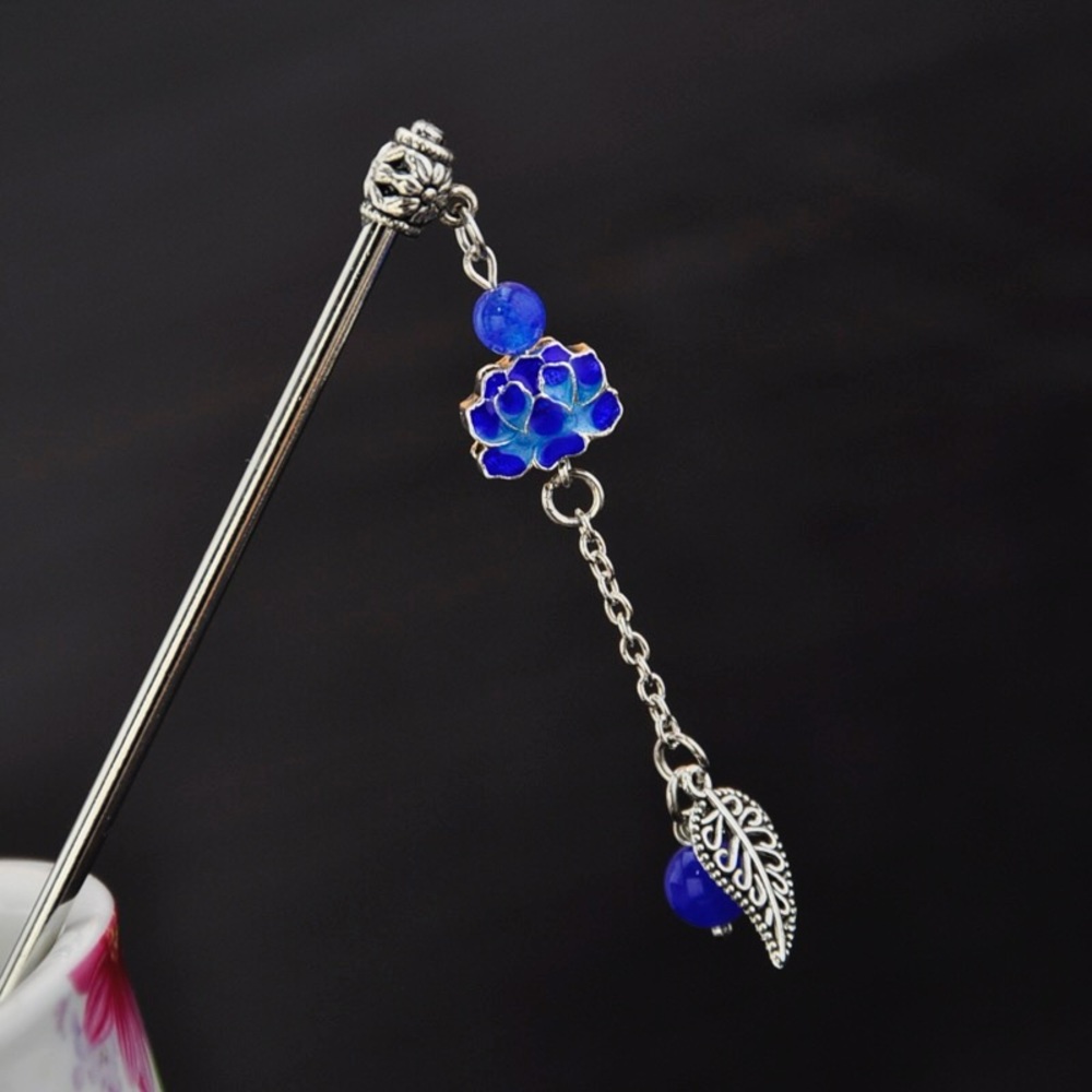 Silver and Blue Vintage Hairpin with Floral